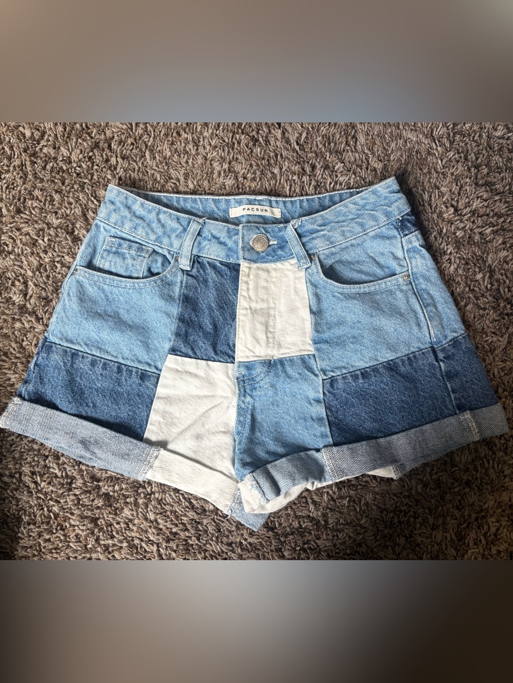 PacSun Patchwork Denim Jean Shorts - Light & Dark Blue with White Panels